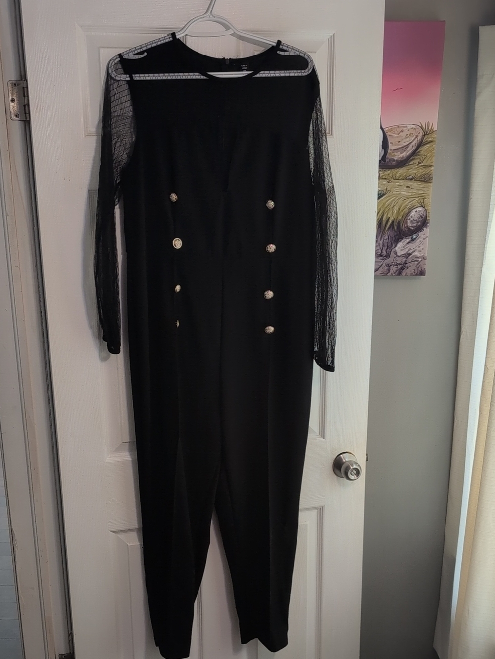 SHEIN Black Long-Sleeve Mesh Sleeve Jumpsuit with Gold Buttons